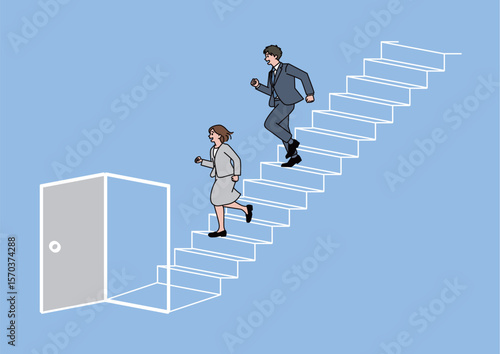 扉の開いた階段を下りる男女