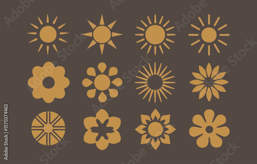 A collection of twelve stylized sun and flower icons in a warm golden brown hue against a dark brown background presented in a grid layout