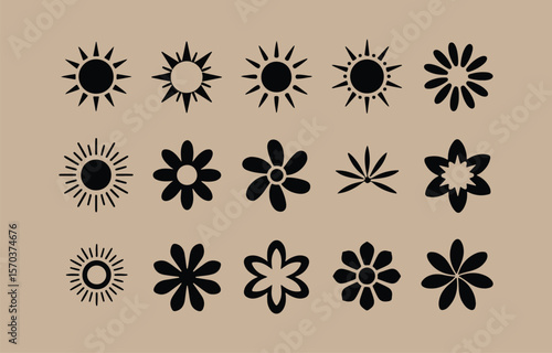 Collection of stylized black sun and flower icons with varying petal and ray designs set against a neutral beige background
