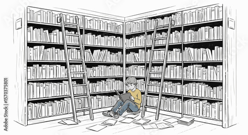 A person reading books in a library with ladders and bookshelves illustration vector design art 100