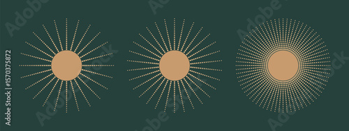 Luxury round sun frames with halftone, gradient circle. Vintage bohemian sunburst, dotted radiah rays, beans vector illustrations for logo, design