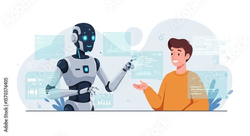 Friendly Robot Explaining Data to a Smiling Man with Charts and Graphs
