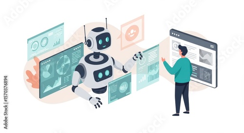 Futuristic Robot and Human Collaboration Analyzing Data on Digital Screens