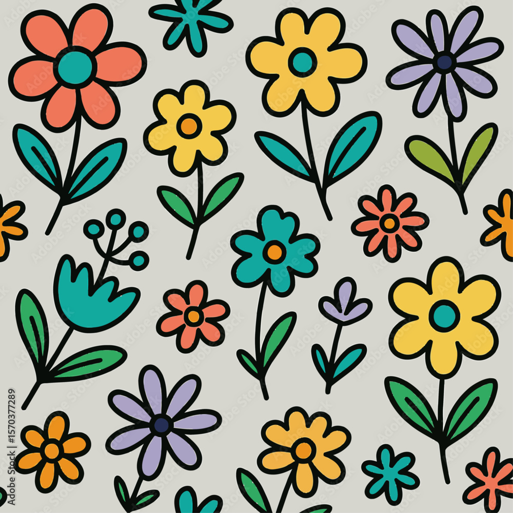 Fototapeta premium A vibrant, colorful illustration featuring a collection of stylized flowers, stems, and leaves.