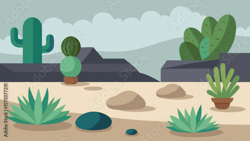 Desert and beach landscapes feature a lone cactus under a summer sky, with a green tree illustration reflecting nature's art
