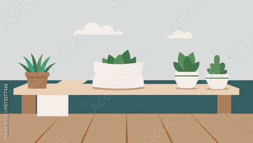 Wooden furniture decorates the cozy indoor and garden spaces of a cafe, with tables and chairs inviting guests for coffee and food