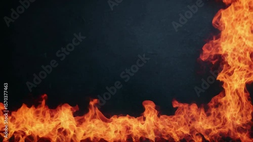 Bright orange flames frame the bottom and right edges of a dark, textured background, creating a fiery border effect.