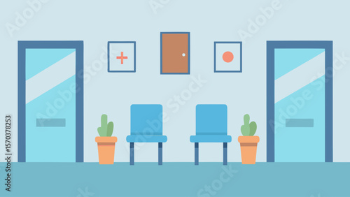 Empty business office interior with comfortable leather chairs, a desk, and a stylish conference table in a room with an open door