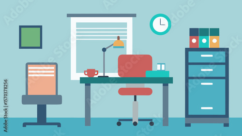 Modern office interior featuring a sleek desk with a computer, comfortable chair, and contemporary furniture design