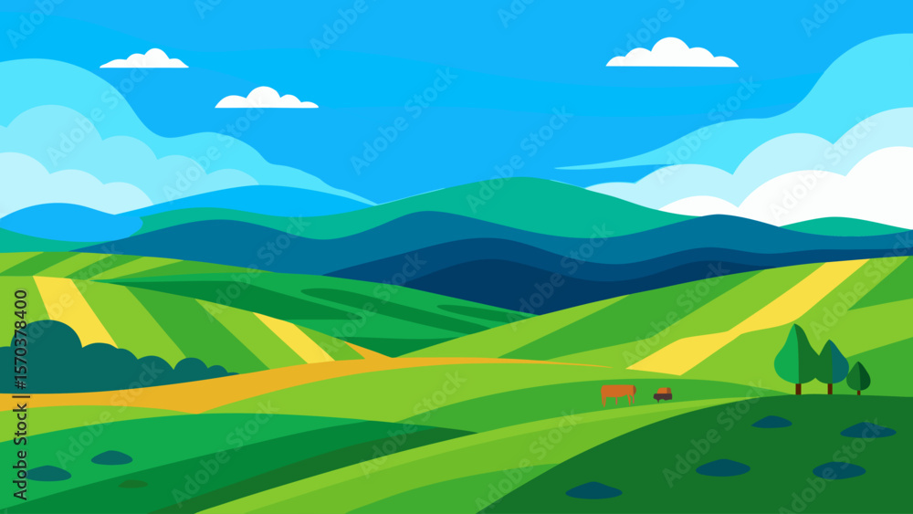 Fototapeta premium Summer mountain landscape with green fields and blue sky