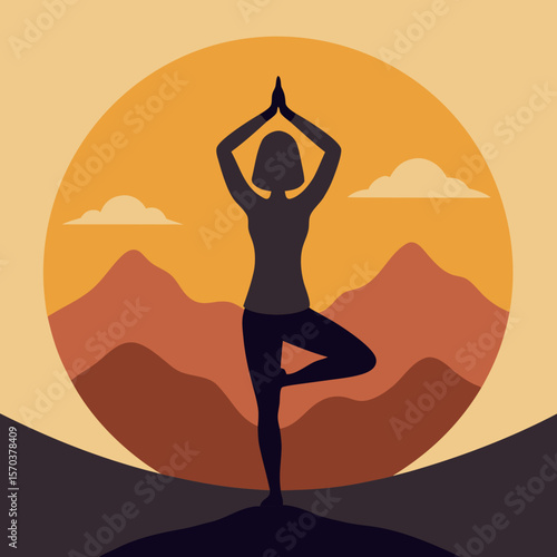 Silhouette of a woman doing yoga on the beach at sunset, an illustration for health and fitness