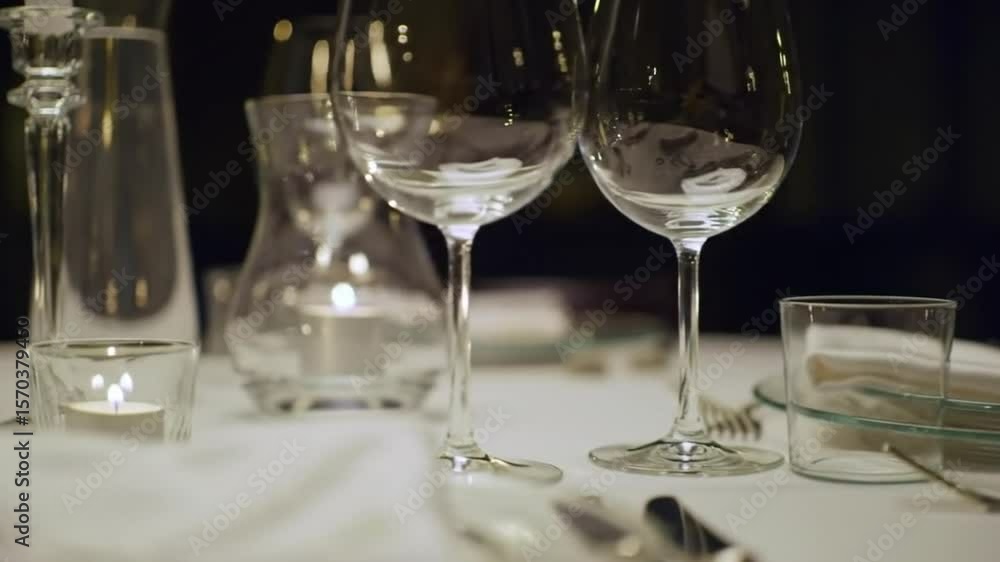 Elegantly set table with wine glasses and candles creates a fancy ambiance Elegantly set table with wine glasses and candles creates a fancy ambiance