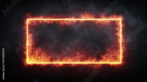 A glowing rectangular frame made of fiery flames against a dark, smoky background.