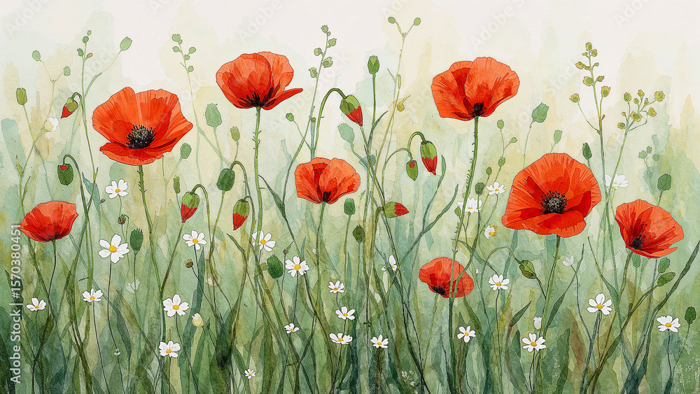 Fototapeta premium Vibrant watercolor field of poppies and wildflowers