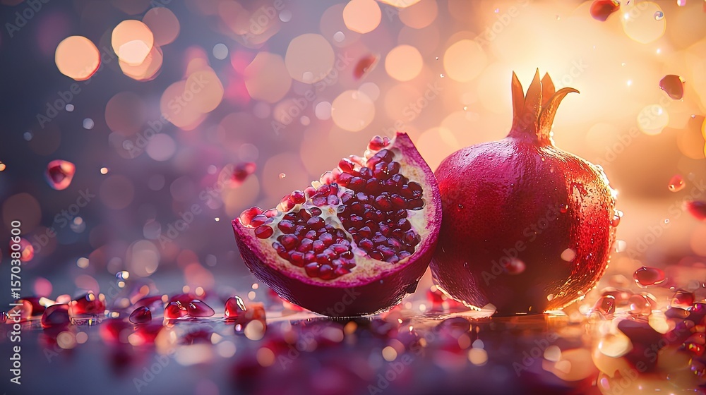 Vibrant pomegranate slices with water droplets. Vibrant pomegranate slices with water droplets.