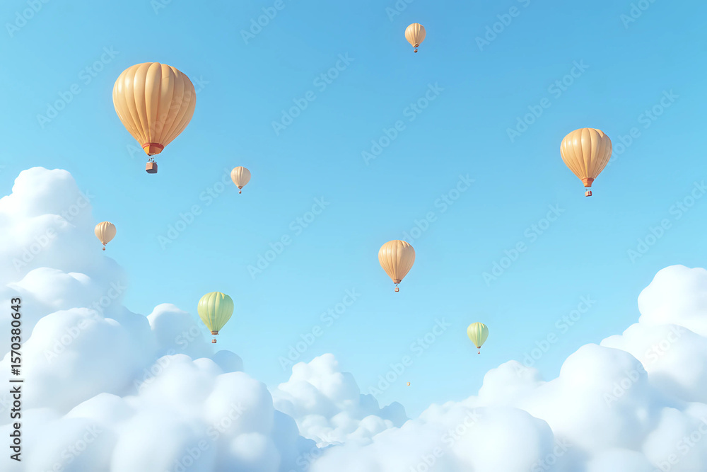 Fototapeta premium Hot Air Balloon Ride in blue sky white clouds background for wide banner of travel agency or adventure tour. Romance of ballooning in a good weather. 3d rendering.