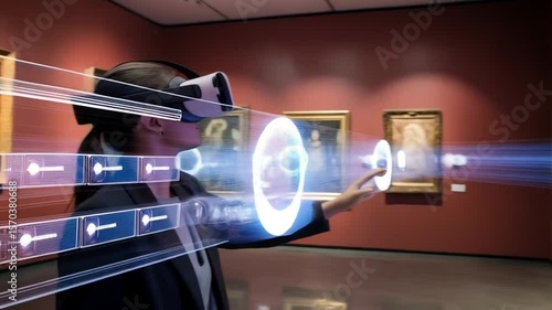 Exploring art through virtual reality A woman uses VR headset to interact with paintings in a museum.
