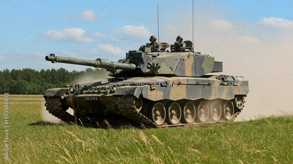 A military tank is moving through a grassy field under a blue sky A military tank is moving through a grassy field under a blue sky