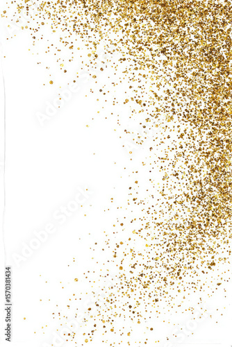 Gold glitter confetti bursts from the corner of a white background