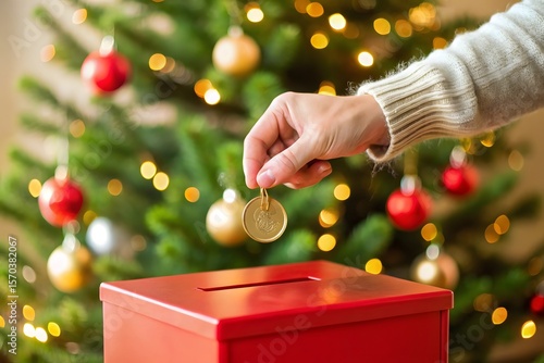 Hand donating a coin to a red collection box in front of a decorated christmas tree with bokeh lights
