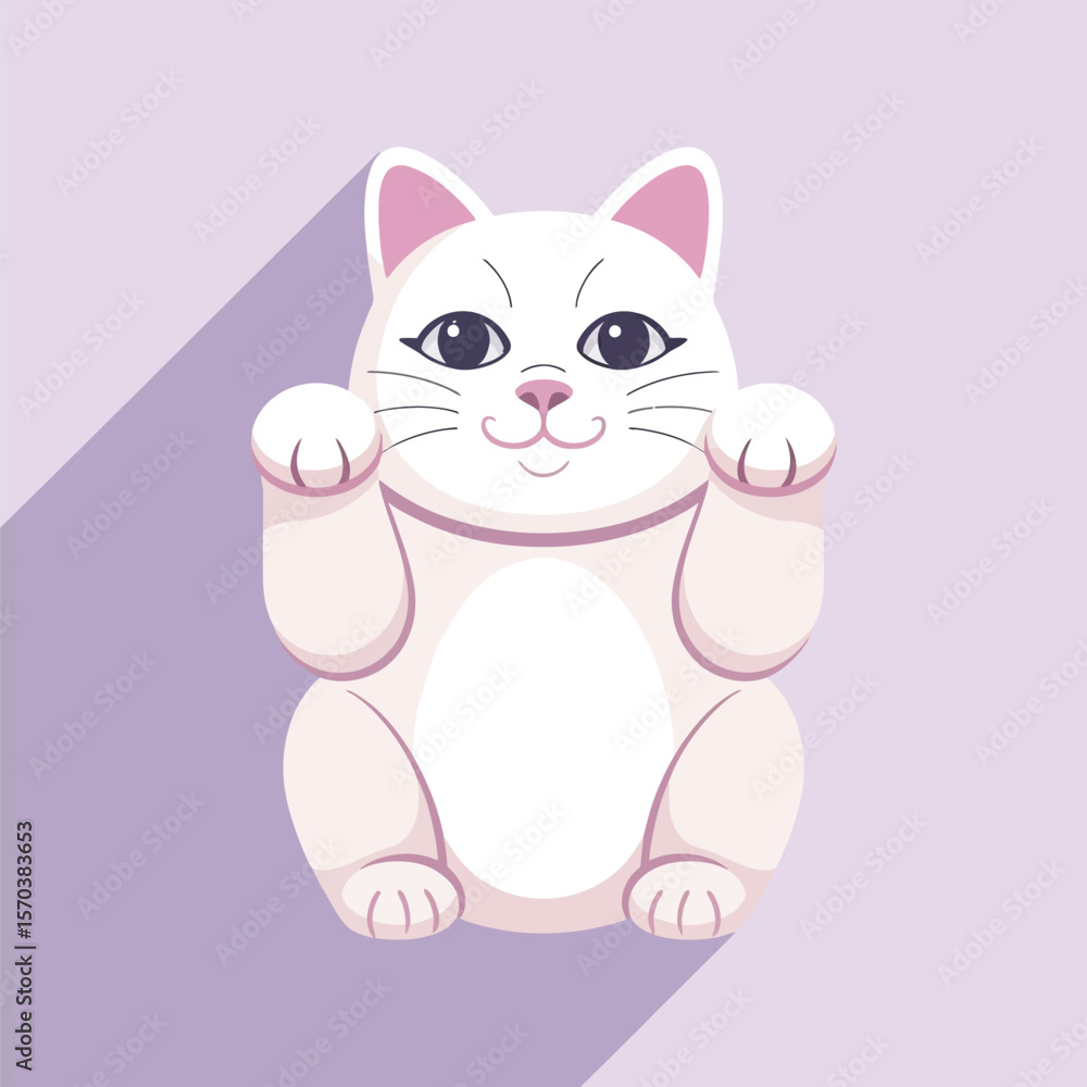 White lucky cat with pink ears and paws beckoning White lucky cat with pink ears and paws beckoning