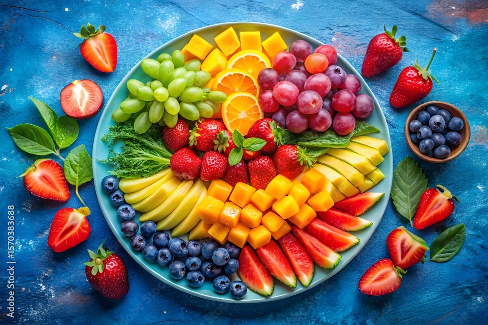 Vibrant rainbow fruit platter featuring strawberries grapes mangoes blueberries and oranges on a blue textured surface Vibrant rainbow fruit platter featuring strawberries grapes mangoes blueberries and oranges on a blue textured surface