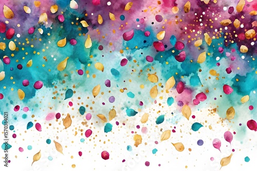 Vibrant watercolor splash background with falling confetti and abstract floral elements in bright colors