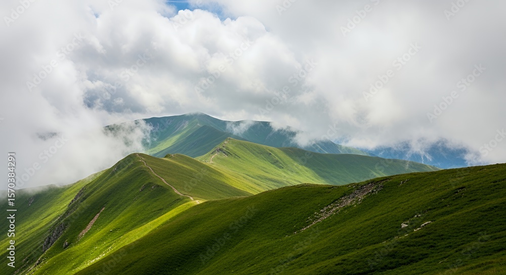 Fototapeta premium Lush Green Mountain Ridges Under a Cloudy Sky, with Hiking Trail