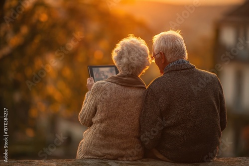 Elderly couple enjoys sunset view, looking at a tablet together