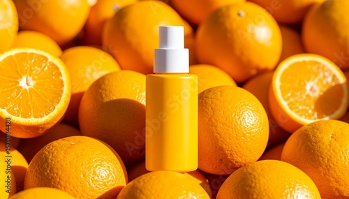 spray tube surrounded by oranges close up isolated