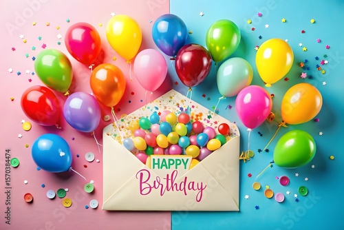 A vibrant explosion of colorful balloons and confetti spills from an open envelope celebrating a happy birthday