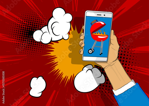 Cartoon Smartphone, comic book Telephone with Burning wood in barbeque grill. Retro vector comics pop art design.