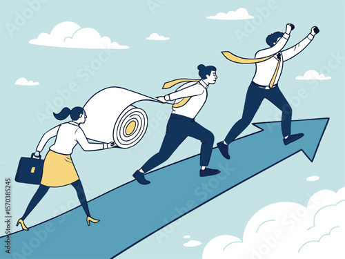Business people advancing on upward arrow with clouds career progress