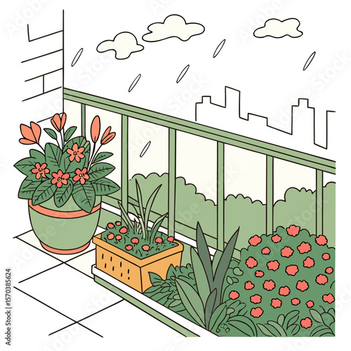 Cozy balcony garden with potted plants and flowers on a rainy day with city skyline and clouds in the background