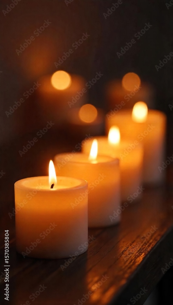 Fototapeta premium Flickering Candlelight Warm Glow of Relaxation and Stress Relief in a Dimly Lit Room, Perfect for Spa, Wellness, and Self-Care Imagery
