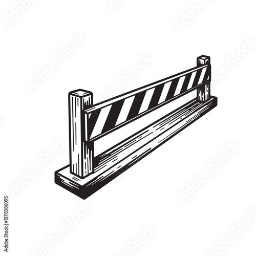 Black and white illustration of a wooden construction barrier with diagonal stripes