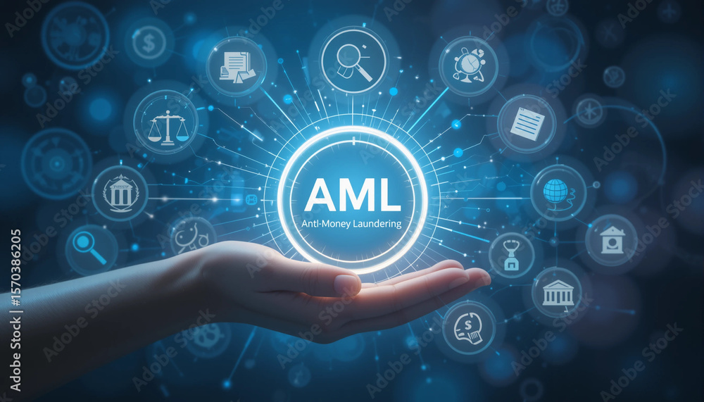 Hand Interacting with AML Compliance System Interface Hand Interacting with AML Compliance System Interface