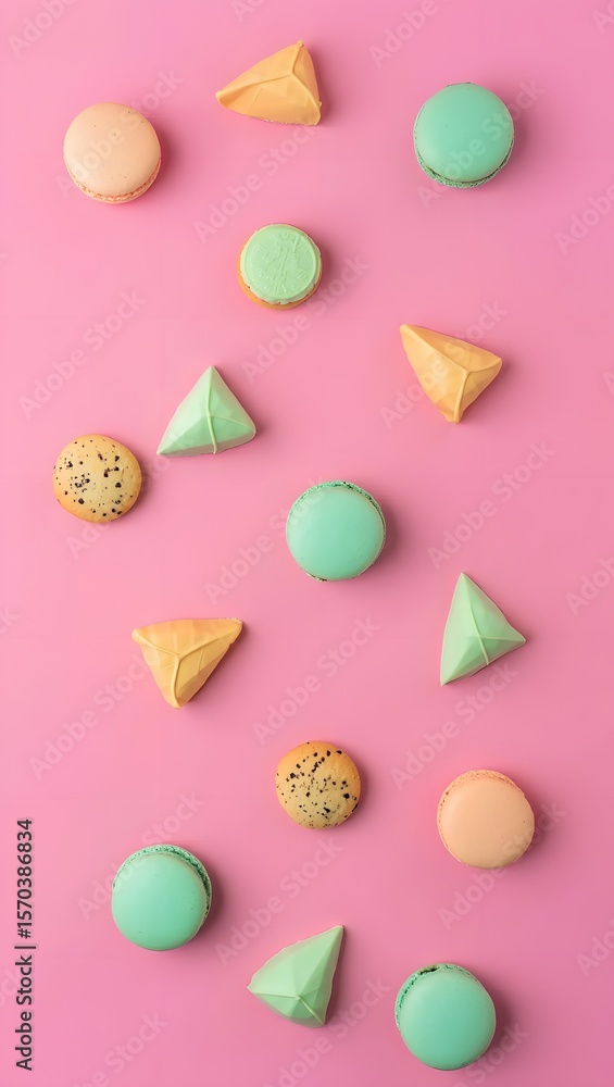 Delicious macarons desserts sweet treats colorful bakery confectionery pink background food art Delicious macarons desserts sweet treats colorful bakery confectionery pink background food art
