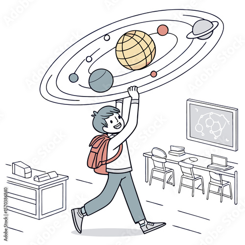 Enthusiastic young student with a backpack excitedly carries a model of the solar system through a classroom showcasing a passion for astronomy and learning