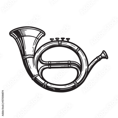 Detailed black and white illustration of a classical french horn musical instrument
