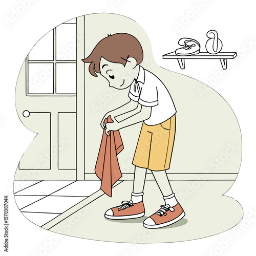 A young boy in a white shirt and yellow shorts is wiping his shoes with a cloth near a doorway with a shoe rack above