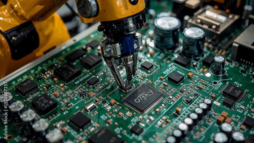 Obraz premium Precision robotics engaged in circuit board assembly