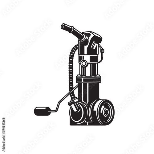 Detailed black and white illustration of a vintage style air compressor machine in operation