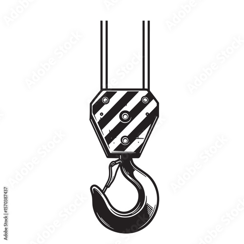 Detailed black and white vector illustration of a heavy duty crane hook mechanism