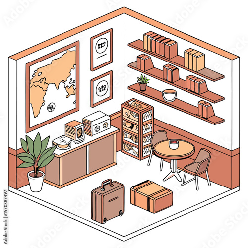 Cozy isometric interior of a small cafe or waiting area with a world map shelves stocked with goods a table with chairs and luggage suggesting travel and relaxation