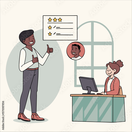 A smiling man gives a thumbs up gesture next to a review board with stars and checkmarks while a woman works at a computer in an office setting