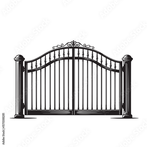 Elegant decorative wrought iron gate design with architectural details in black and white