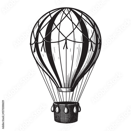 Hand drawn vintage hot air balloon illustration in black and white perfect for designs