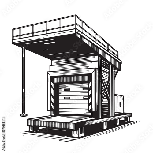 Industrial loading dock illustration in black and white depicting a warehouse structure