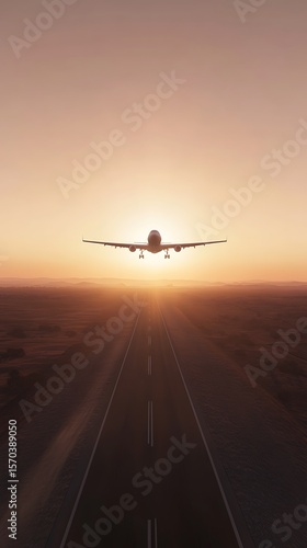 Airplane approaching runway at golden sunset, preparing for landing in remote landscape